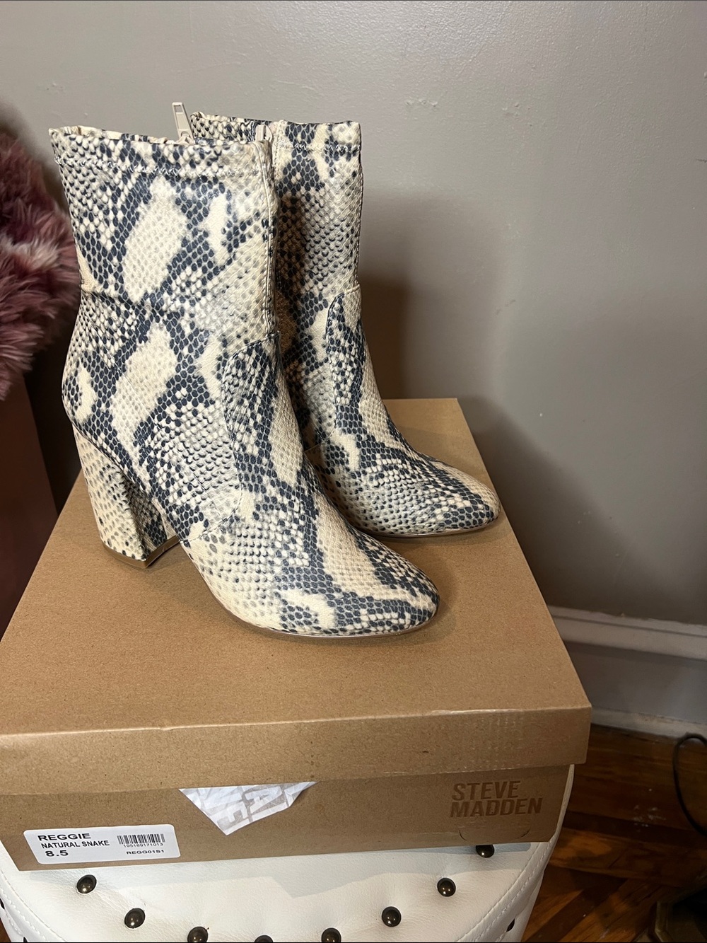 Steve Madden Cream and Black Snake-Print Block Heel Ankle Boots